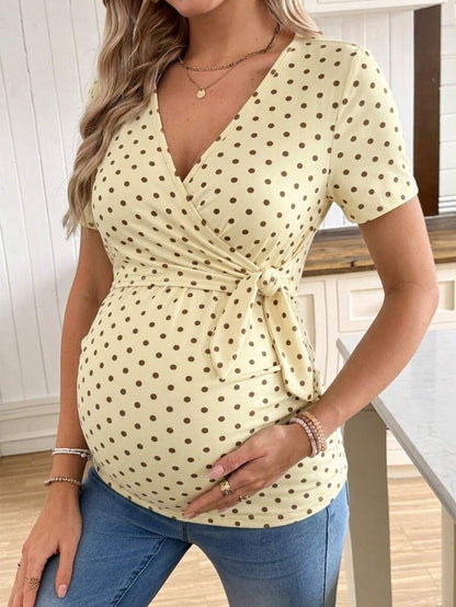 Casual Tie Front Polka Dot Maternity T-Shirt - Slim Fit V Neck Short Sleeve White Knitted Pregnancy Top for Home and Easter