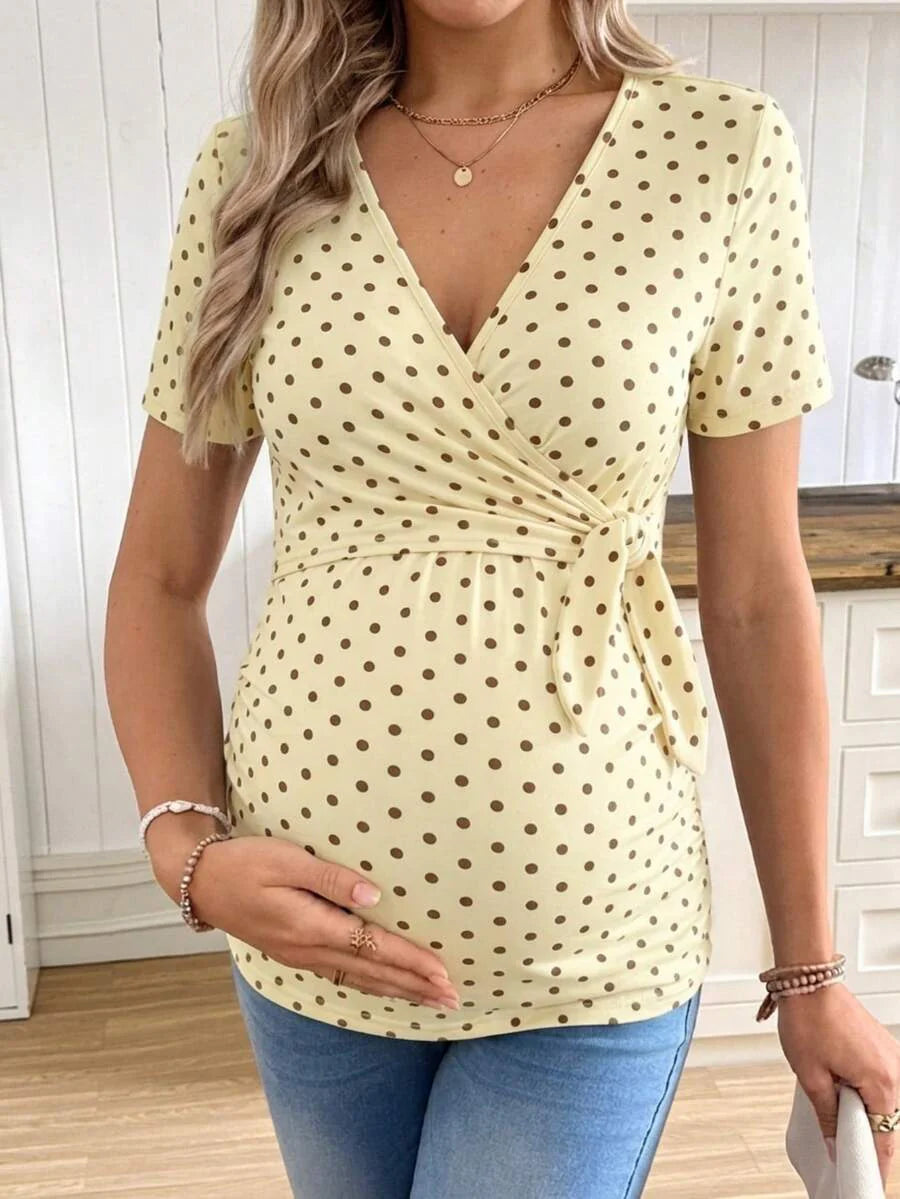 Casual Tie Front Polka Dot Maternity T-Shirt - Slim Fit V Neck Short Sleeve White Knitted Pregnancy Top for Home and Easter