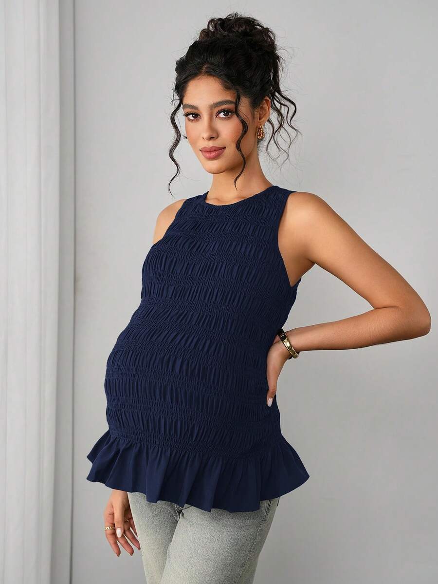Maternity Tank Camisole - Tank Vest Neck, Shirred, Flared Hem, Slim Fit, Pink