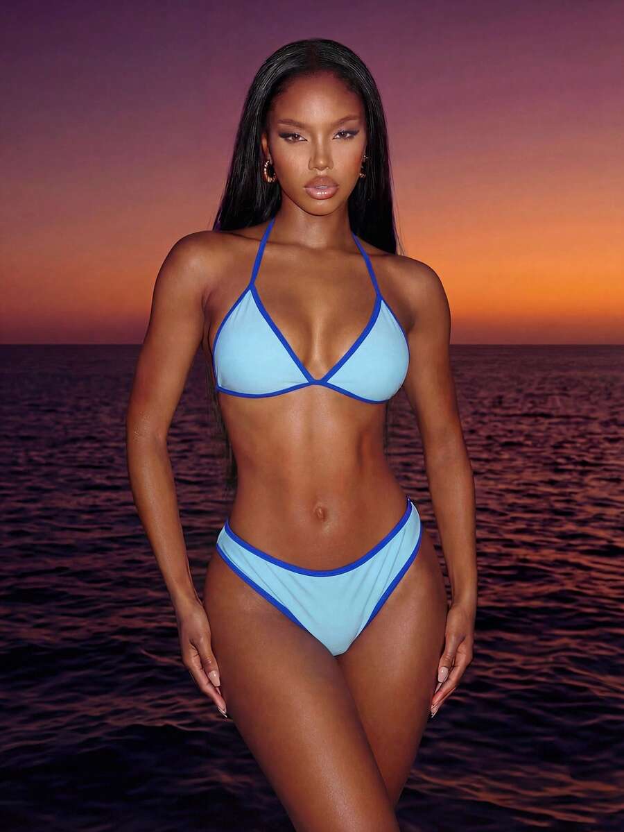 Swim Vcay Summer Beach Women Vacation Color-Block Halter Strap Bikini Set With Separated Bikini Set