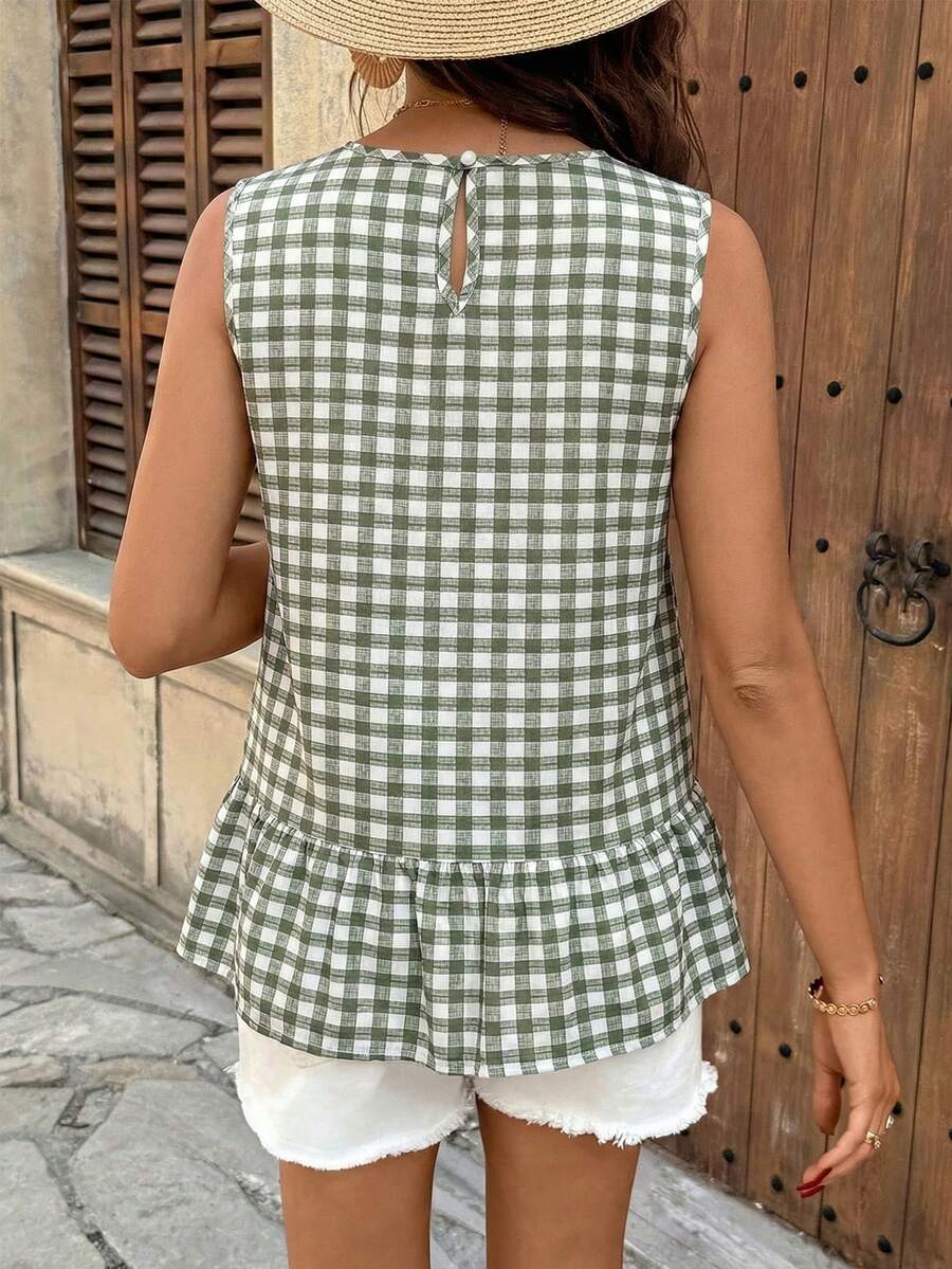 Maternity Plaid Ruffle Hem Sleeveless Dress Green Gingham Round Neck Peplum Summer Dress for Casual Picnic and Home Wear