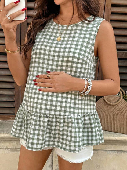 Maternity Plaid Ruffle Hem Sleeveless Dress Green Gingham Round Neck Peplum Summer Dress for Casual Picnic and Home Wear