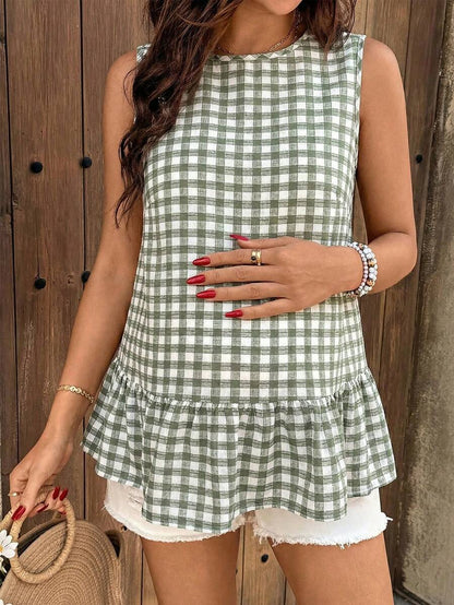 Maternity Plaid Ruffle Hem Sleeveless Dress Green Gingham Round Neck Peplum Summer Dress for Casual Picnic and Home Wear