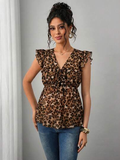 Maternity Tie Front Blouse - Deep V Neck, Cap Sleeve, Textured, Regular Fit, Multicolor