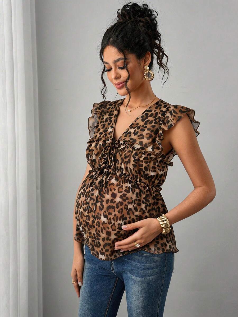 Maternity Tie Front Blouse - Deep V Neck, Cap Sleeve, Textured, Regular Fit, Multicolor