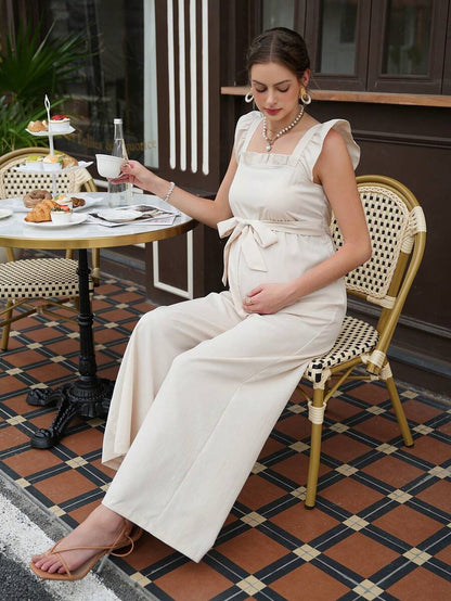 Maternity Elegant Jumpsuit - Square Neck, Belted Waist, Puff Detail, Loose Fit, Beige