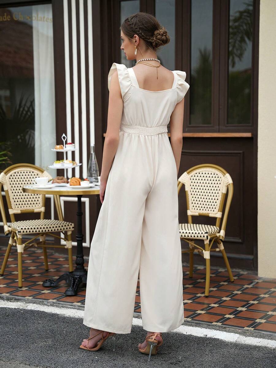 Maternity Elegant Jumpsuit - Square Neck, Belted Waist, Puff Detail, Loose Fit, Beige