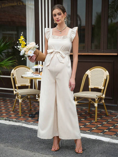Maternity Elegant Jumpsuit - Square Neck, Belted Waist, Puff Detail, Loose Fit, Beige