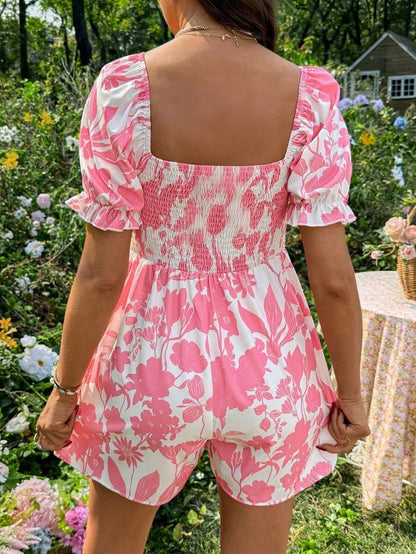 Maternity Black and White Floral Square Neck Romper - Boho Puff Sleeve High Waist Jumpsuit - Loose Fit Woven Summer Beach Outfit