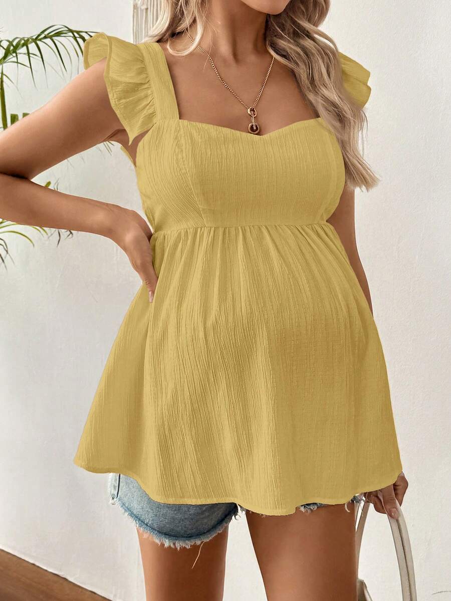 Black Ruffle Sleeveless Maternity Blouse - Slim Fit Flounce Sleeve Peplum Top for Casual Daily Wear and Summer Outfits