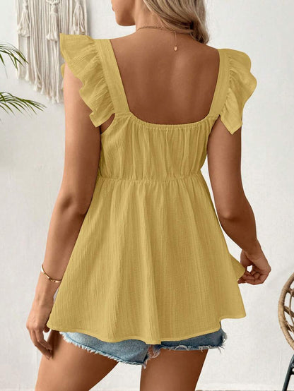 White Sleeveless Peplum Maternity Blouse Slim Fit Flounce Strap Neckline Flared Hem Long Length Woven Polyester Top