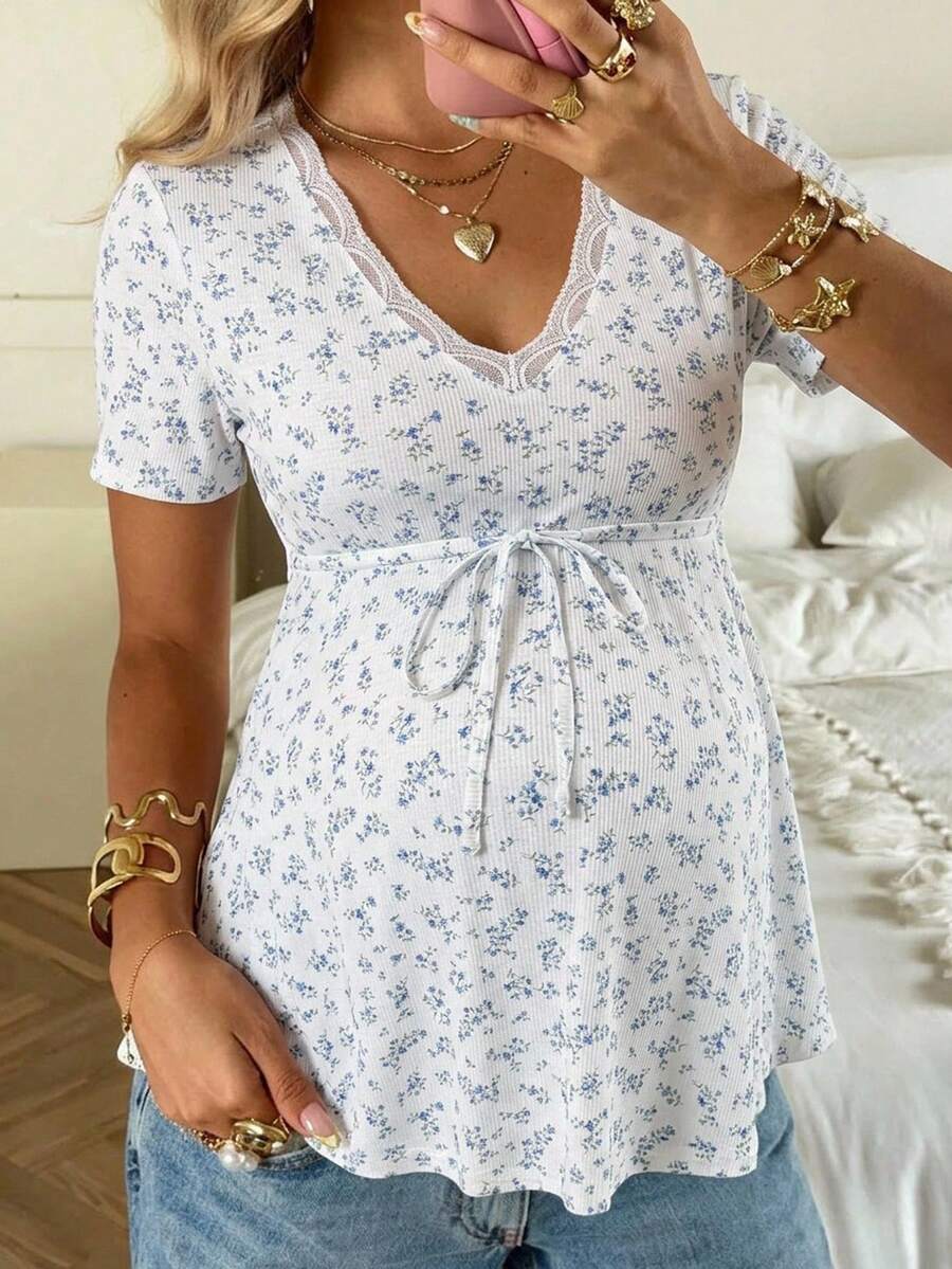 Maternity Ditsy Floral Scoop Neck T-Shirt with Drawstring Waist, Blue and White Slim Fit Short Sleeve Summer Pregnancy Top