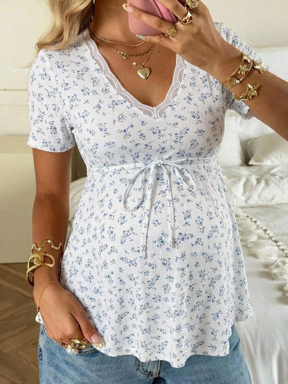 Maternity Ditsy Floral Scoop Neck T-Shirt with Drawstring Waist, Blue and White Slim Fit Short Sleeve Summer Pregnancy Top