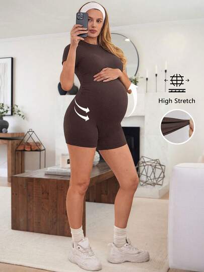 Coffee Brown Short Sleeve Maternity Unitard – High Waist Skinny Fit Solid Color Scoop Neck Summer Holiday Casual Bumpsuit