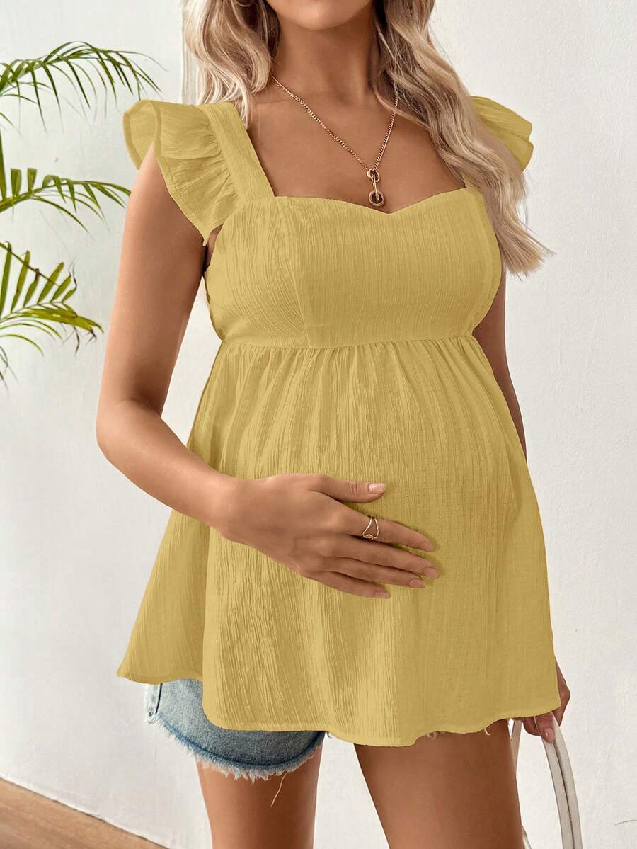 Black Ruffle Sleeveless Maternity Blouse - Slim Fit Flounce Sleeve Peplum Top for Casual Daily Wear and Summer Outfits