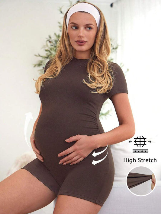 Coffee Brown Short Sleeve Maternity Unitard – High Waist Skinny Fit Solid Color Scoop Neck Summer Holiday Casual Bumpsuit