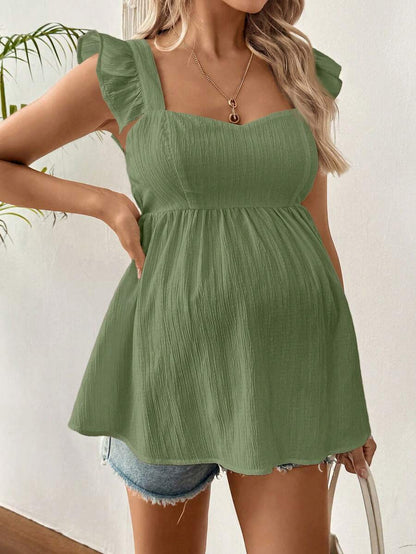 Black Ruffle Sleeveless Maternity Blouse - Slim Fit Flounce Sleeve Peplum Top for Casual Daily Wear and Summer Outfits