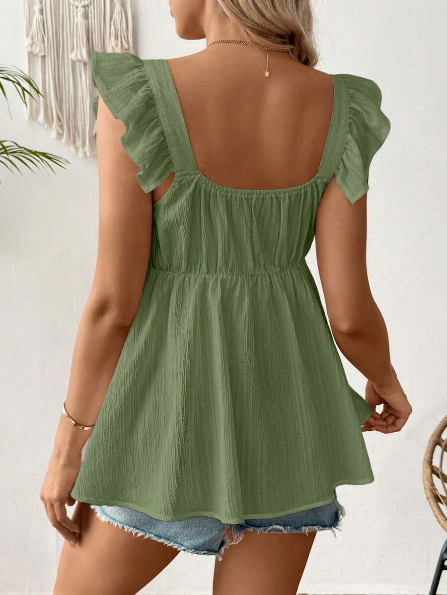 Maternity Summer Casual Textured Peplum Shirt with Ruffle Trim Sleeveless Baby Blue Flared Maternity Top