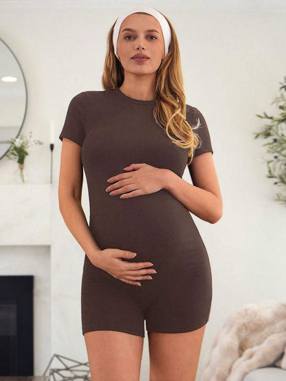 Coffee Brown Short Sleeve Maternity Unitard – High Waist Skinny Fit Solid Color Scoop Neck Summer Holiday Casual Bumpsuit