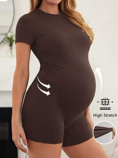 Coffee Brown Short Sleeve Maternity Unitard – High Waist Skinny Fit Solid Color Scoop Neck Summer Holiday Casual Bumpsuit