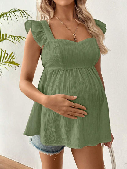White Sleeveless Peplum Maternity Blouse Slim Fit Flounce Strap Neckline Flared Hem Long Length Woven Polyester Top