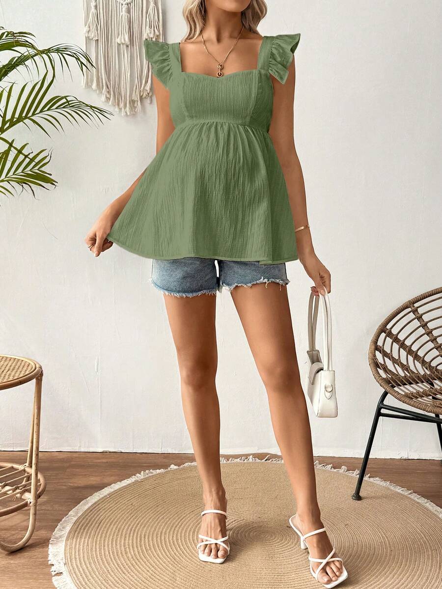 Maternity Summer Casual Textured Peplum Shirt with Ruffle Trim Sleeveless Baby Blue Flared Maternity Top