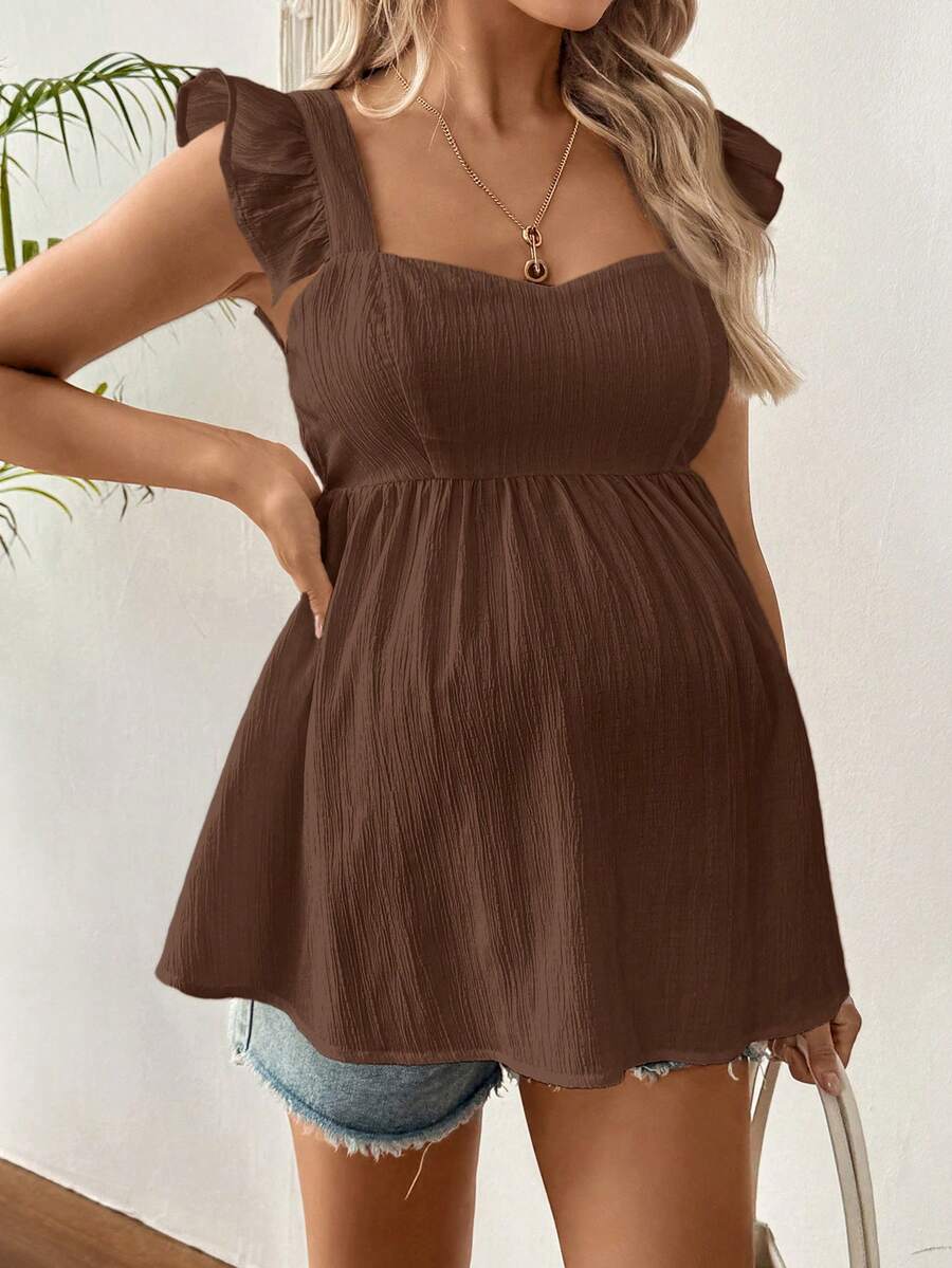 Black Ruffle Sleeveless Maternity Blouse - Slim Fit Flounce Sleeve Peplum Top for Casual Daily Wear and Summer Outfits