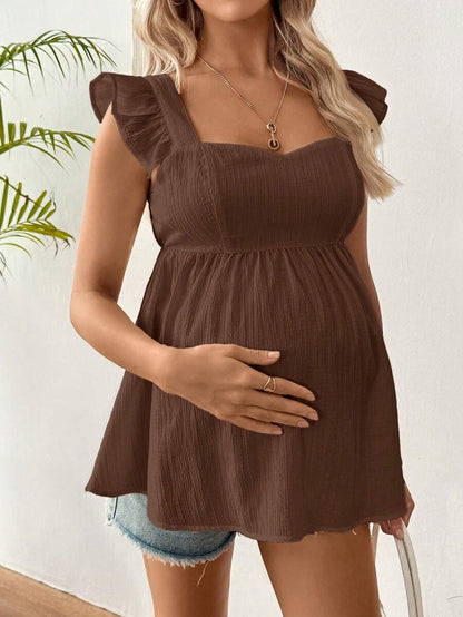Maternity Summer Casual Textured Peplum Shirt with Ruffle Trim Sleeveless Baby Blue Flared Maternity Top