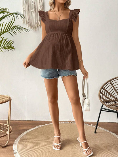 Black Ruffle Sleeveless Maternity Blouse - Slim Fit Flounce Sleeve Peplum Top for Casual Daily Wear and Summer Outfits