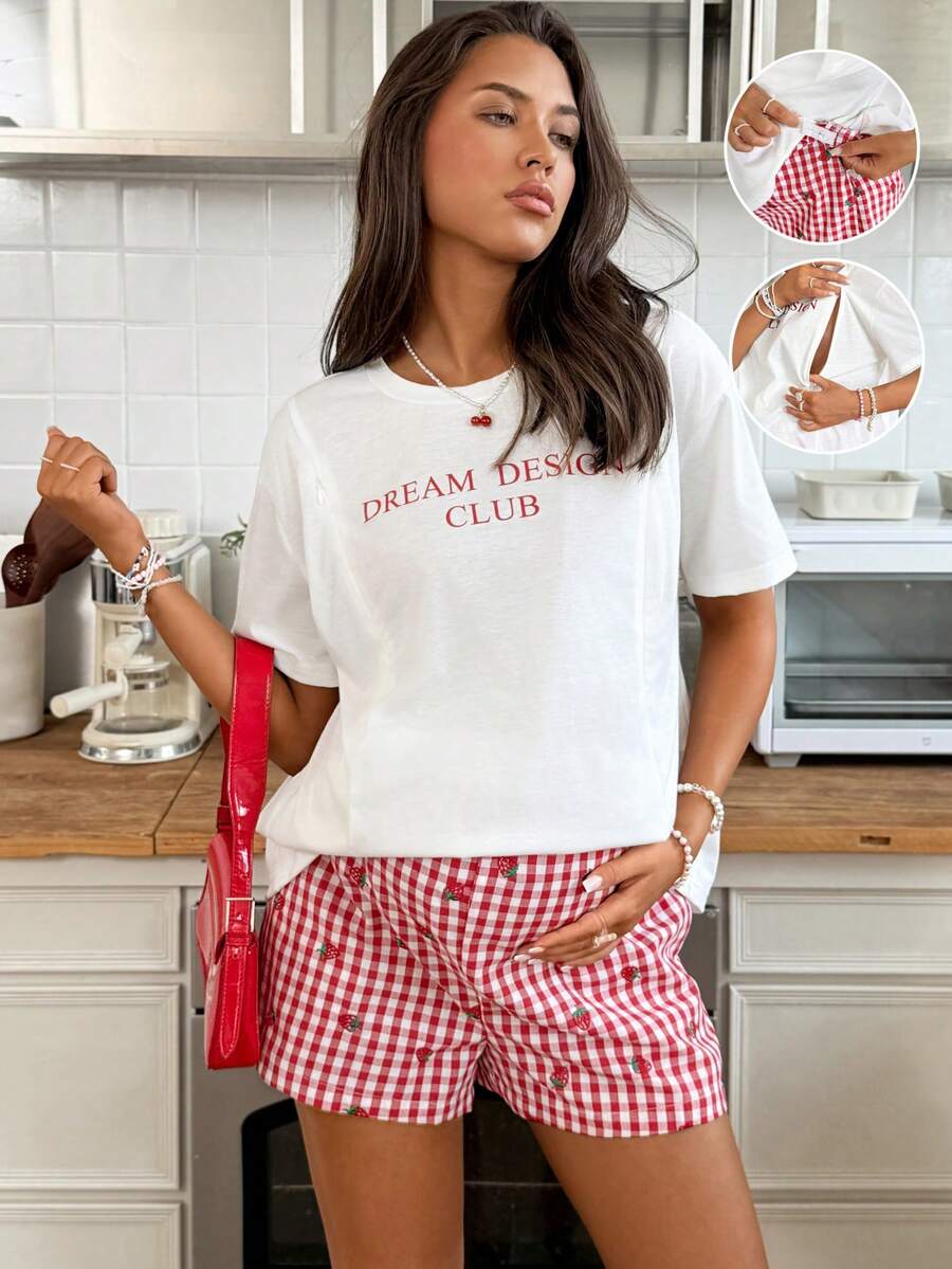 Red and White Maternity Nursing Two-Piece Set - Loose Lettering Print T-Shirt and Plaid Mini Shorts - Summer Beach Casual 2-Piece Outfit
