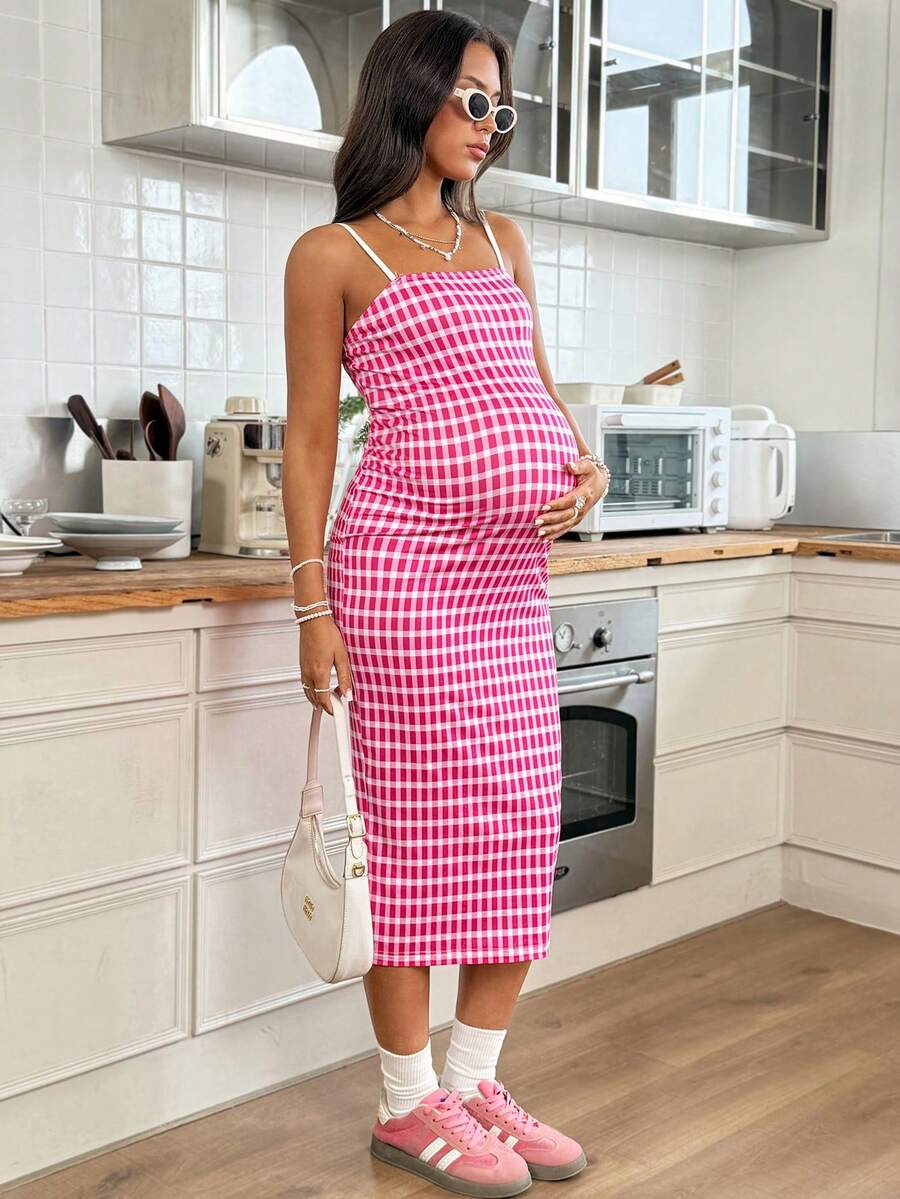 Pink Plaid Spaghetti Strap Maternity Midi Dress - High Stretch Slim Fit Knitted Cami Dress for Summer Holiday and Casual Pregnancy Style