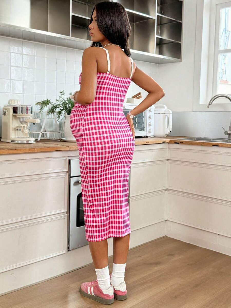 Pink Plaid Spaghetti Strap Maternity Midi Dress - High Stretch Slim Fit Knitted Cami Dress for Summer Holiday and Casual Pregnancy Style