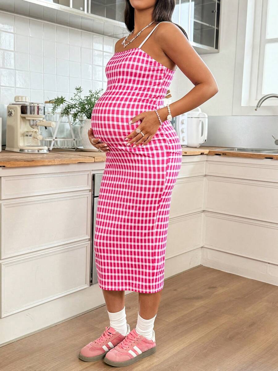 Pink Plaid Spaghetti Strap Maternity Midi Dress - High Stretch Slim Fit Knitted Cami Dress for Summer Holiday and Casual Pregnancy Style
