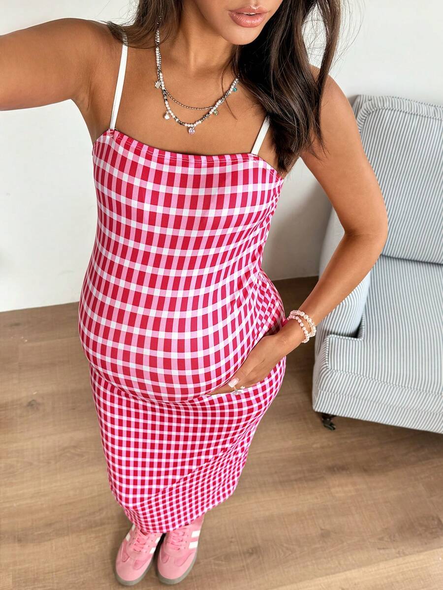 Pink Plaid Spaghetti Strap Maternity Midi Dress - High Stretch Slim Fit Knitted Cami Dress for Summer Holiday and Casual Pregnancy Style