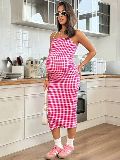 Pink Plaid Spaghetti Strap Maternity Midi Dress - High Stretch Slim Fit Knitted Cami Dress for Summer Holiday and Casual Pregnancy Style
