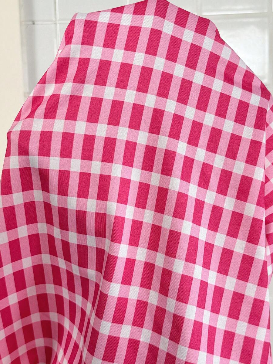 Pink Plaid Spaghetti Strap Maternity Midi Dress - High Stretch Slim Fit Knitted Cami Dress for Summer Holiday and Casual Pregnancy Style