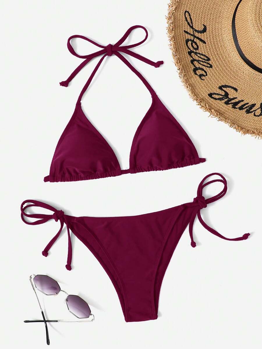 Women's Plain Halter Bikini Set - Knot Detail, Tie Side, Triangle Cup, Navy Blue