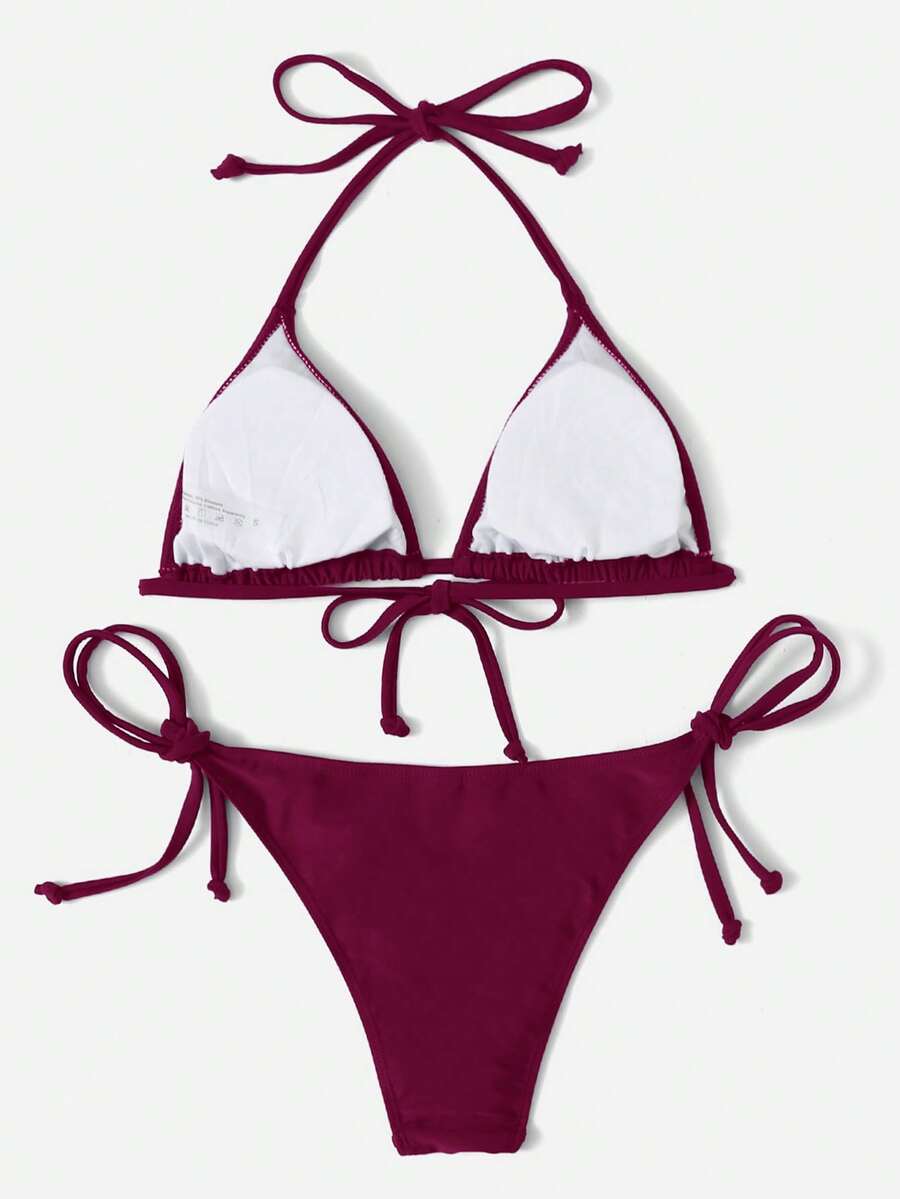 Women's Plain Halter Bikini Set - Knot Detail, Tie Side, Triangle Cup, Navy Blue