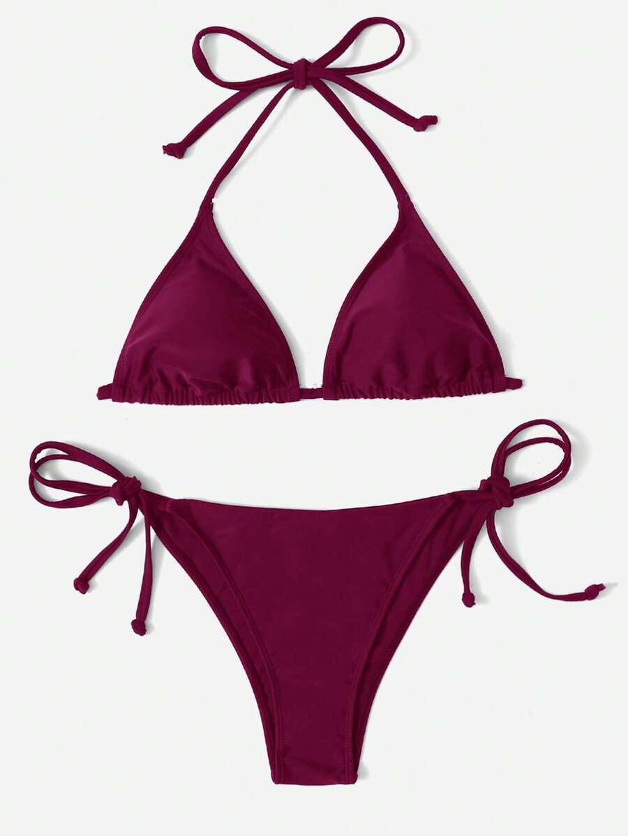 Women's Plain Halter Bikini Set - Knot Detail, Tie Side, Triangle Cup, Navy Blue