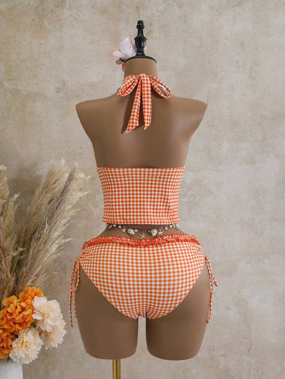 Women's 2-Piece Polka Dot Bikini Set - Ruffle Trim, Halter, Cropped Top, Black