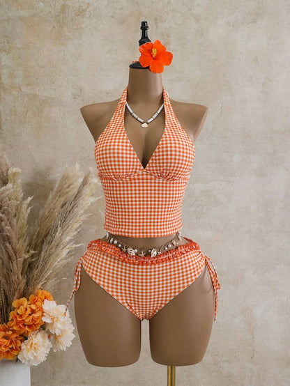 Women's 2-Piece Polka Dot Bikini Set - Ruffle Trim, Halter, Cropped Top, Black