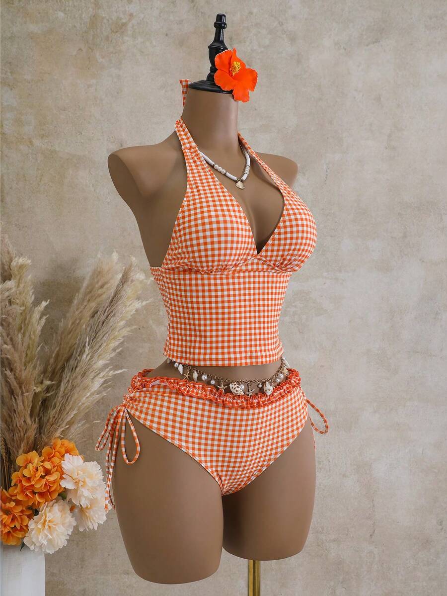 Women's 2-Piece Polka Dot Bikini Set - Ruffle Trim, Halter, Cropped Top, Black