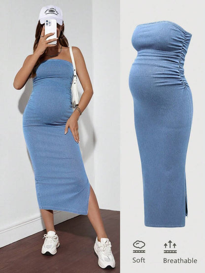 Maternity Denim Bodycon Dress - Strapless, Ruched, Slim Fit, High Stretch, Blue
