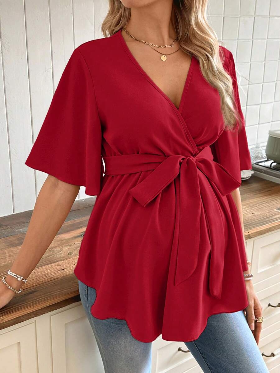 V-Neck Maternity Peplum Blouse with Flounce Sleeves and Adjustable Waist Belt in Dusty Pink for Work or Casual Wear
