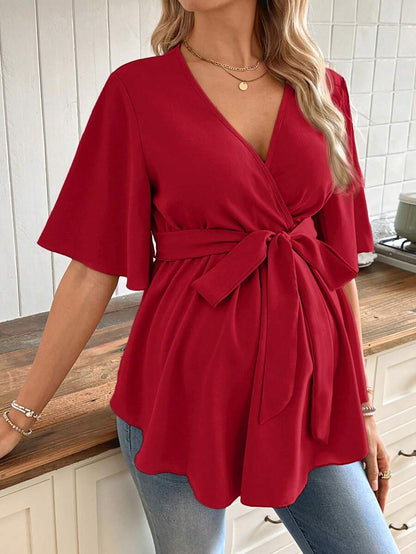 V-Neck Maternity Peplum Blouse with Flounce Sleeves and Adjustable Waist Belt in Dusty Pink for Work or Casual Wear