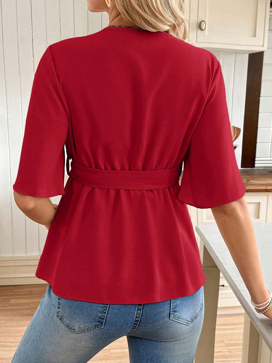 V-Neck Maternity Peplum Blouse with Flounce Sleeves and Adjustable Waist Belt in Dusty Pink for Work or Casual Wear