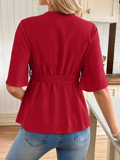V-Neck Maternity Peplum Blouse with Flounce Sleeves and Adjustable Waist Belt in Dusty Pink for Work or Casual Wear
