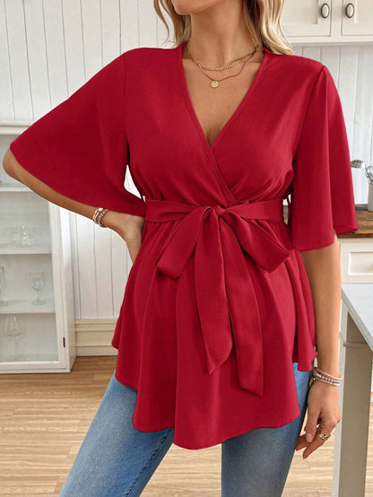 V-Neck Maternity Peplum Blouse with Flounce Sleeves and Adjustable Waist Belt in Dusty Pink for Work or Casual Wear