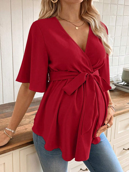 V-Neck Maternity Peplum Blouse with Flounce Sleeves and Adjustable Waist Belt in Dusty Pink for Work or Casual Wear