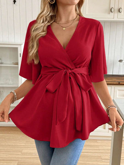 V-Neck Maternity Peplum Blouse with Flounce Sleeves and Adjustable Waist Belt in Dusty Pink for Work or Casual Wear